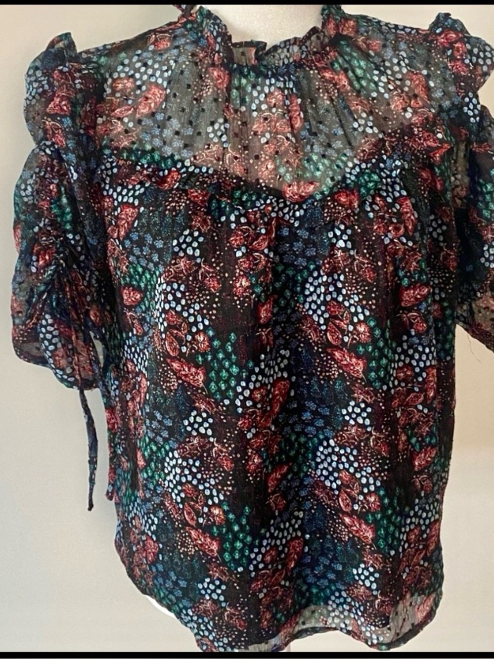 LOFT Floral Sheer Peasant Blouse Smocked Ruffle Neck Tie Sleeve Boho Top Small